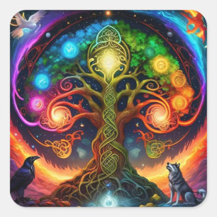 Sticker Carré Arbre celtique arc-en-ciel vibrant avec des loups