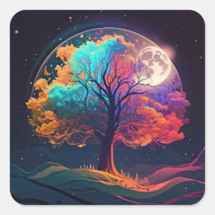 Sticker Carré Arbre coloré de vie Lune Galaxie Imaginaire
