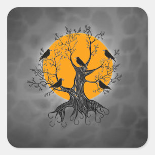 Sticker Carré Arbre corbeau avec lune