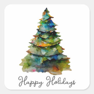Sticker Carré Arbre de Noël Aquarelle Pine Joyeux vacances