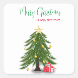 Sticker Carré Arbre de Noël avec cadeau rouge
