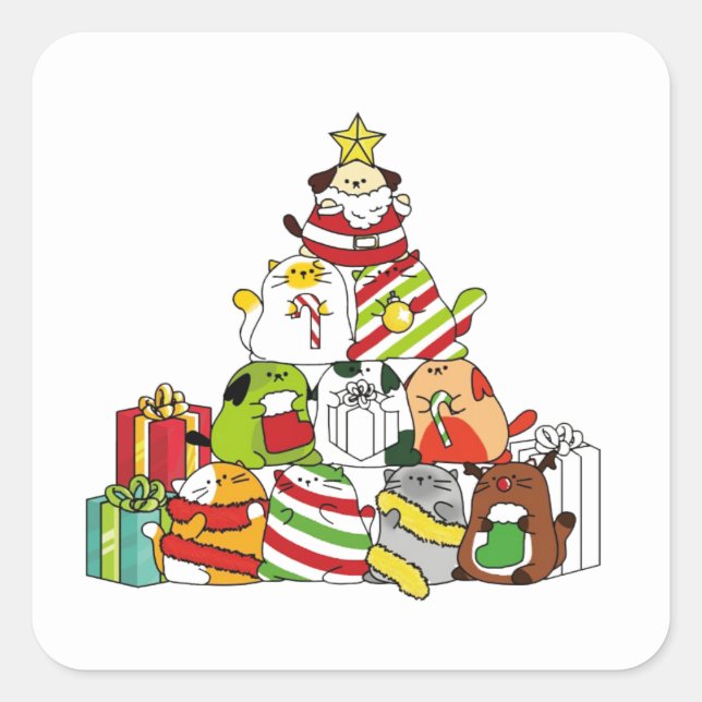 Sticker Carré Arbre de Noël avec chats et chiens (Devant)