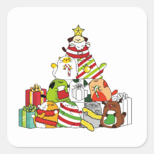 Sticker Carré Arbre de Noël avec chats et chiens
