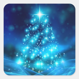 Sticker Carré Arbre de Noël bleu électrique moderne avec lumière