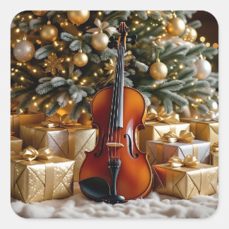 Sticker Carré Arbre de Noël doré, cadeaux et violon