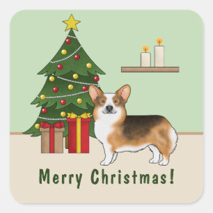 Sticker Carré Arbre de Noël du Tri Pembroke Welsh Corgi roux