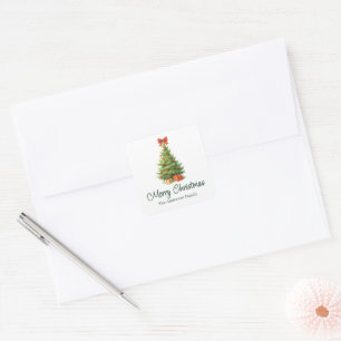 Sticker Carré Arbre de Noël élégant avec Bow rouge et présents -