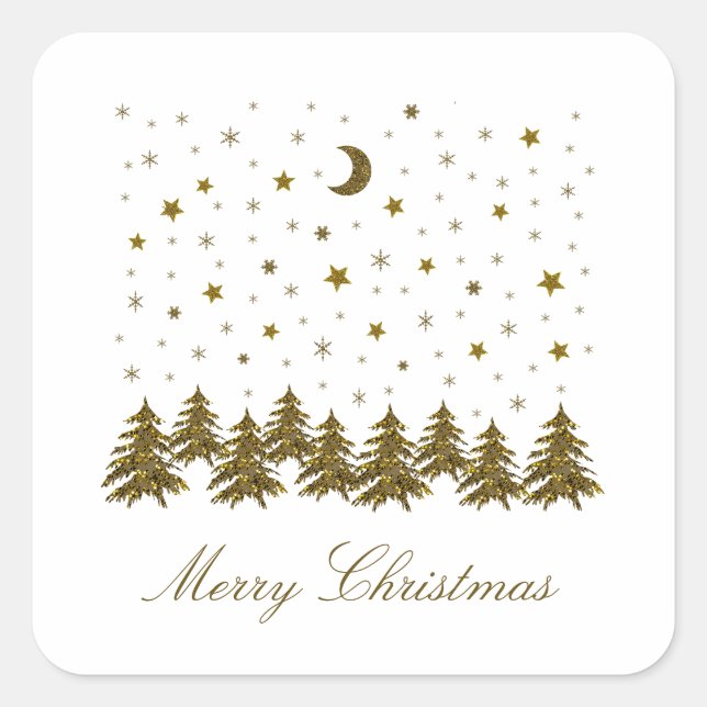Sticker Carré Arbre de Noël en or brillant, lune, étoiles (Devant)