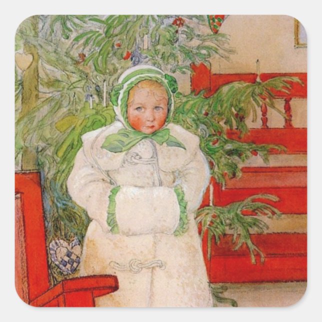 Sticker Carré Arbre de Noël et Enfant en fourrure (Devant)