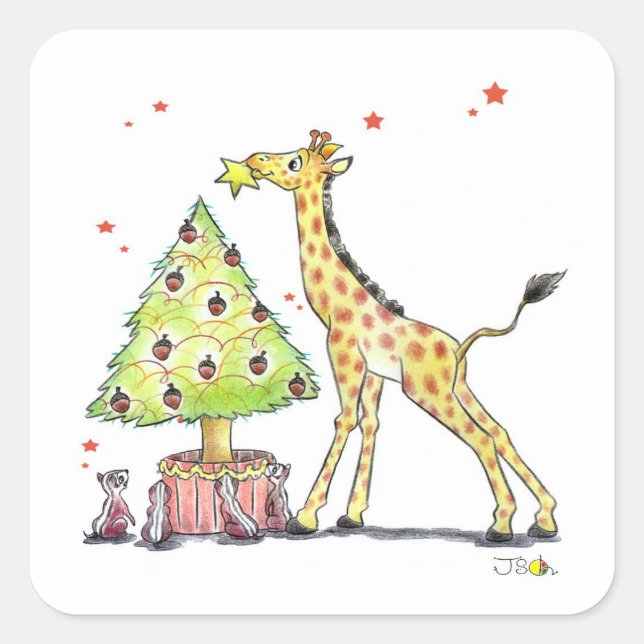 Sticker Carré Arbre de Noël & girafe (Devant)