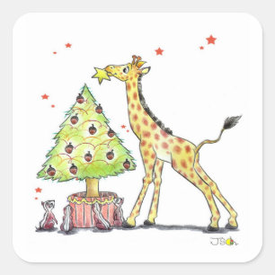 Sticker Carré Arbre de Noël & girafe