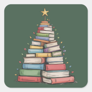 Sticker Carré Arbre de Noël Livre Rétro Bibliothèque Bookworm