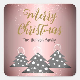 Sticker Carré Arbre de Noël Métallo Rose Famille Vacances