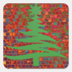 Sticker Carré Arbre de Noël Moderne Pochoir Imprimé Vert