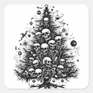 Sticker Carré Arbre de Noël noir Crânes et os