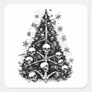 Sticker Carré Arbre de Noël noir Crânes et os