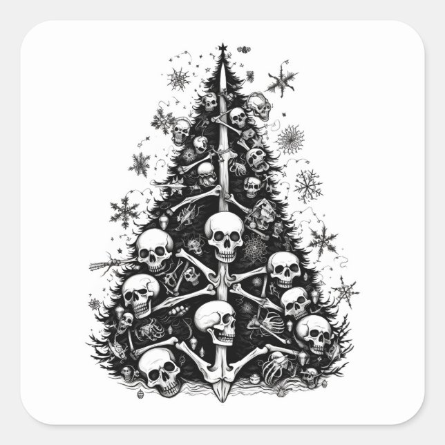 Sticker Carré Arbre de Noël noir Crânes et os (Devant)