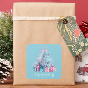 Sticker Carré Arbre de Noël Pastel rose et bleu Whimsical