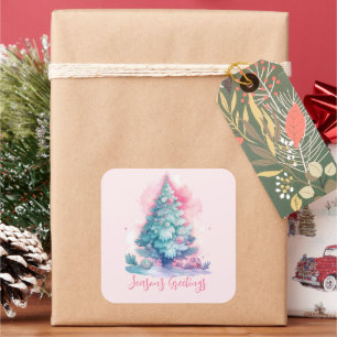 Sticker Carré Arbre de Noël Pastel rose et bleu Whimsical