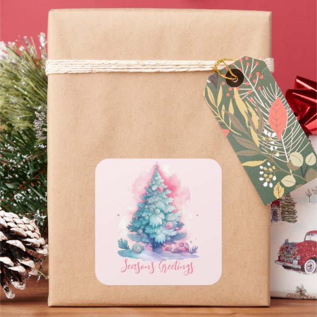 Sticker Carré Arbre de Noël Pastel rose et bleu Whimsical (vacances)