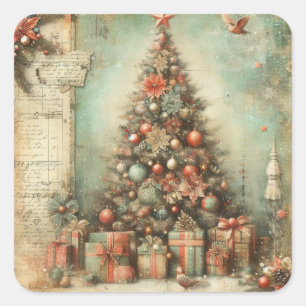 Sticker Carré Arbre de Noël Vintage