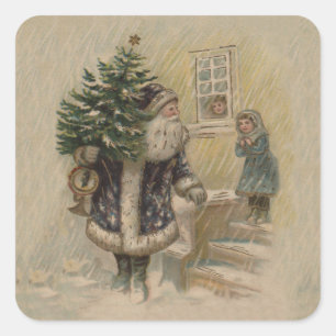 Sticker Carré Arbre de Noël vintage Père Noël