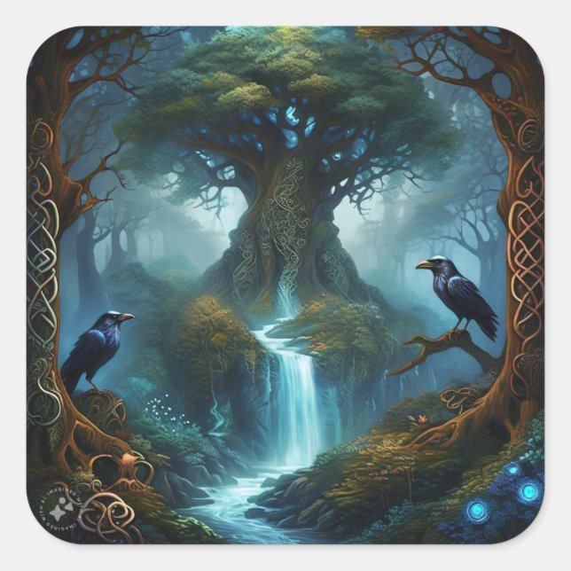 Sticker Carré Arbre de vie Céltic Knotwork Ravens (Devant)