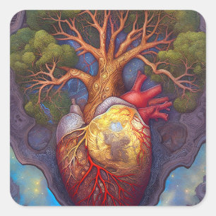 Sticker Carré Arbre De Vie Coeur Surréaliste Nature Art