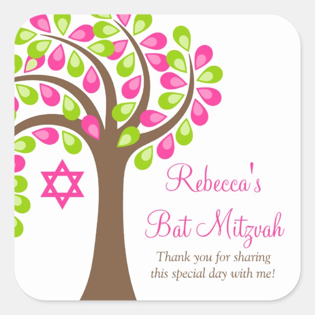 Sticker Carré Arbre de vie moderne Bat mitzvah vert rose (Devant)