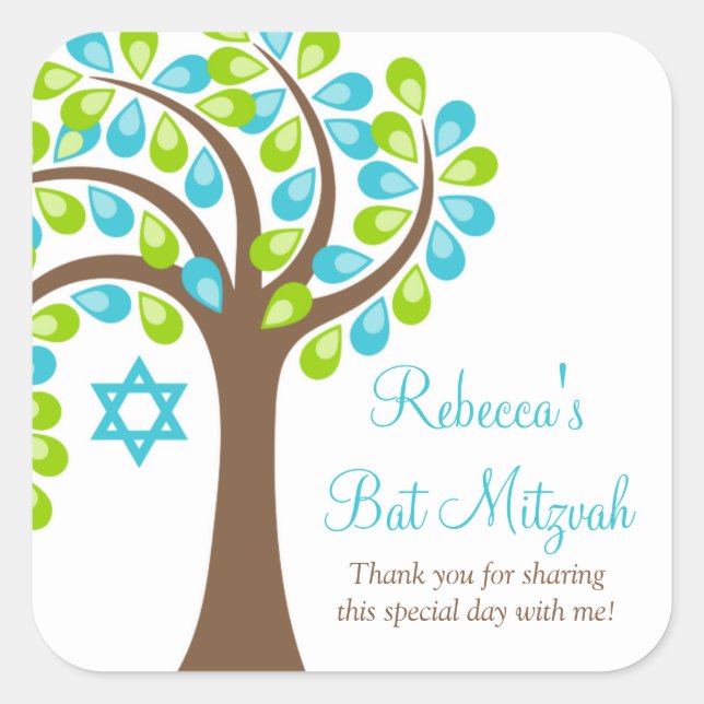 Sticker Carré Arbre de vie Turquoise Bleu Vert Bat mitzvah (Devant)