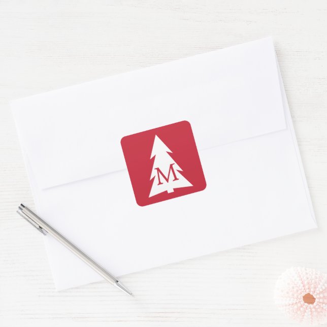 Sticker Carré Arbre géométrique blanc en rouge avec monogramme p (Enveloppe)