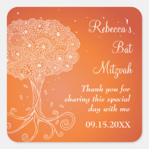 Sticker Carré Arbre orné de la vie Bat mitzvah orange