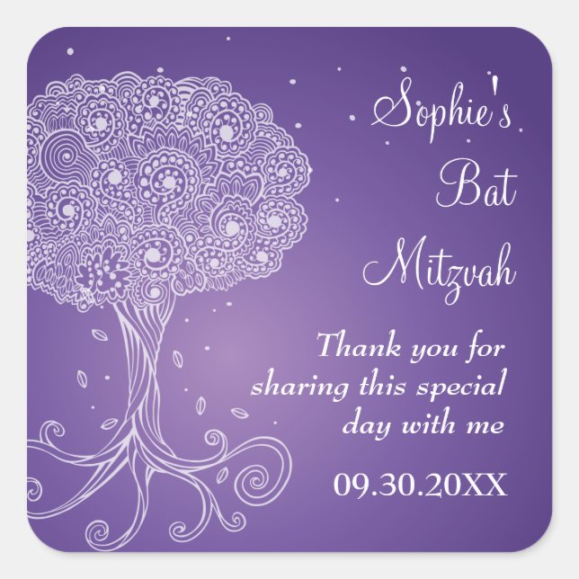 Sticker Carré Arbre orné de la vie Bat mitzvah pourpre (Devant)