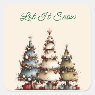 Sticker Carré Arbres de Noël à l'aquarelle rustique Laissez neig