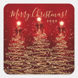Sticker Carré Arbres de Noël rouges élégants de fêtes dorées ave
