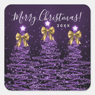 Sticker Carré Arbres de Noël violets de vacances élégants Nœuds