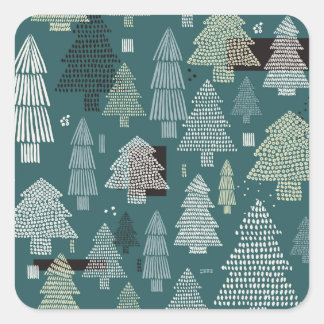 Sticker Carré Arbres d'hiver, motif vintage de Noël.