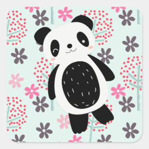Sticker Carré Arbres, fleurs et ours de panda