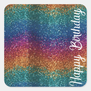 Sticker Carré Arc-en-ciel Éclairé Metallic Joyeux Anniversaire