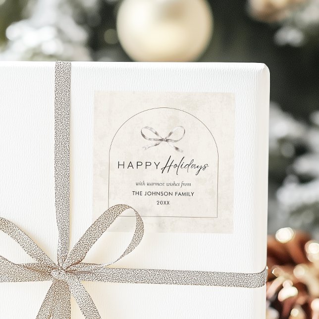 Sticker Carré Arche moderne Boho avec Bow Nom de famille Noël (Modern boho arch label with calligraphy script 'Happy Holidays' label.)