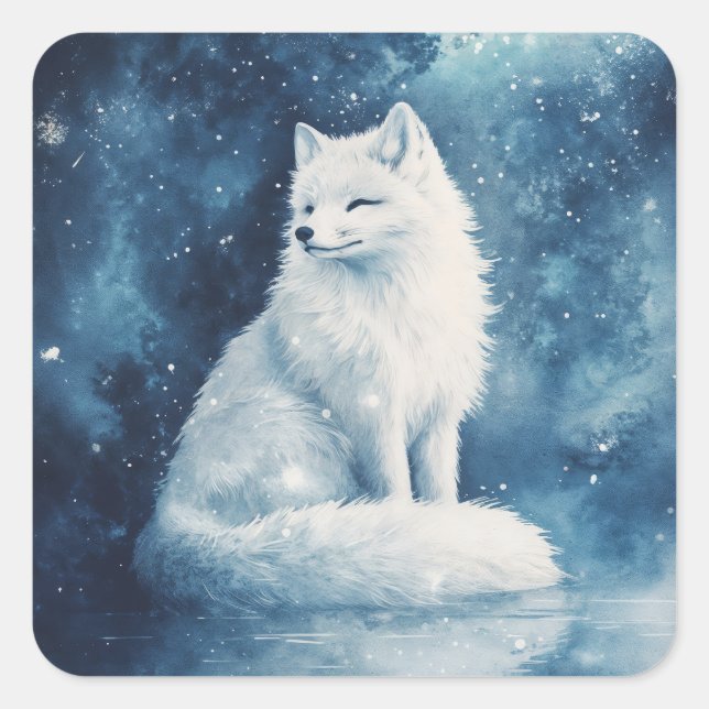 Sticker Carré Arctic Fox Sitting on Ice with Blue Galaxy Nebula (Devant)