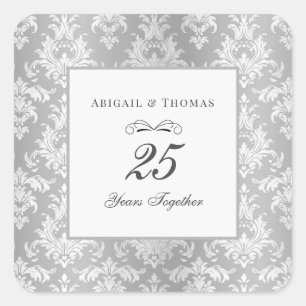 Sticker Carré Argent Damask 25e anniversaire Mariage