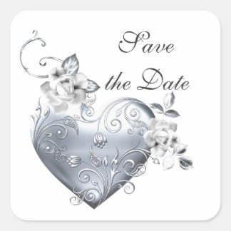 Sticker Carré Argent Filigree Coeur et Roses Blanches