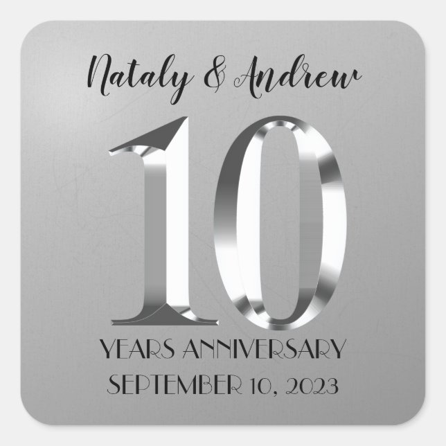 Sticker Carré Argent Métallisé 10e Anniversaire de Mariage (Devant)