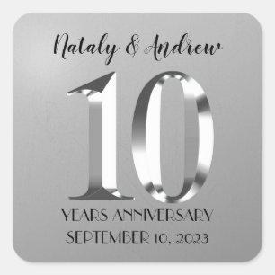 Sticker Carré Argent Métallisé 10ème Anniversaire de Mariage
