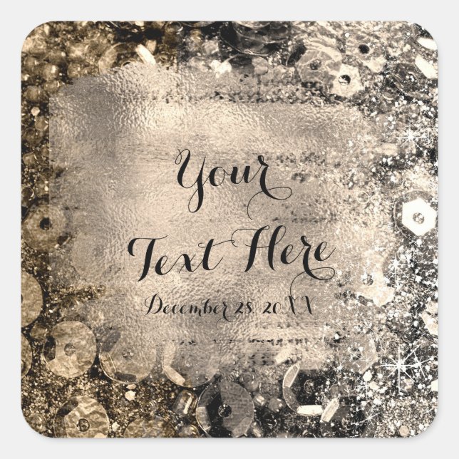 Sticker Carré Argent & Or Faux Foil Luxe Parties scintillant Gla (Devant)