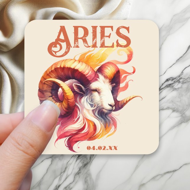 Sticker Carré Aries Ram Aquarelle Zodiac Sign Custom Birday (Aries Zodiac-Themed Party Suite | Coordinate with Party Supplies Like These Custom Stickers!)