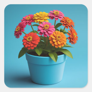 Sticker Carré Art Botanique Floral Vibrant, Fleurs Zinnia
