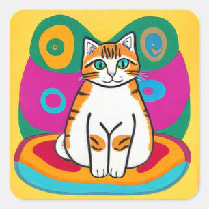 Sticker Carré Art de chat blanc et oranger