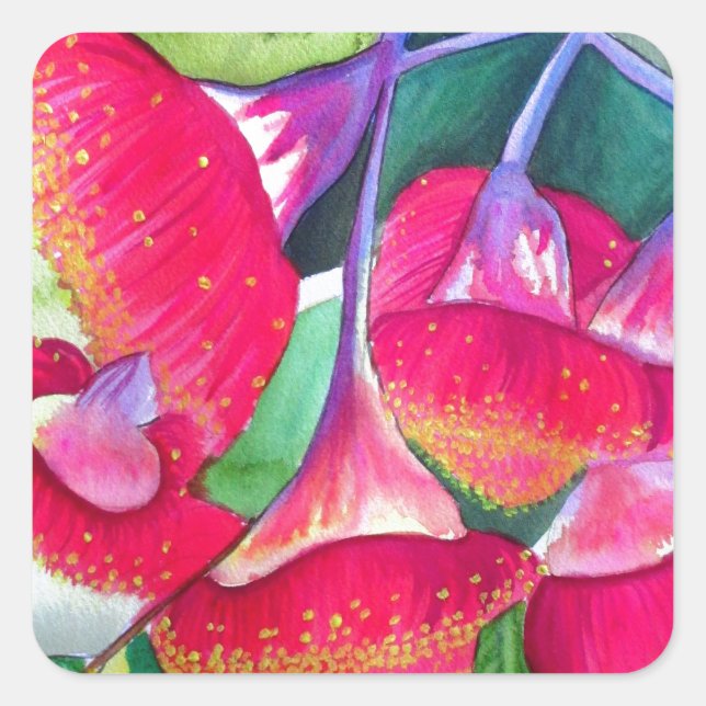 Sticker Carré Art de l'aquarelle australienne à fleurs rouges (Devant)